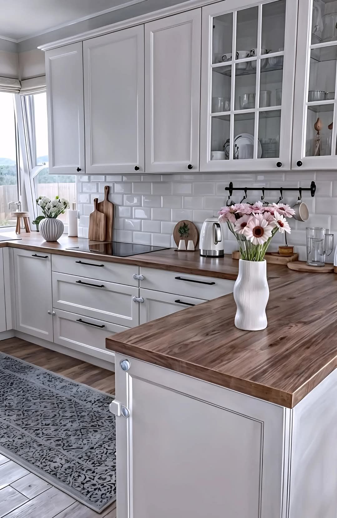 A kitchen with white cabinets and a wooden counter top.