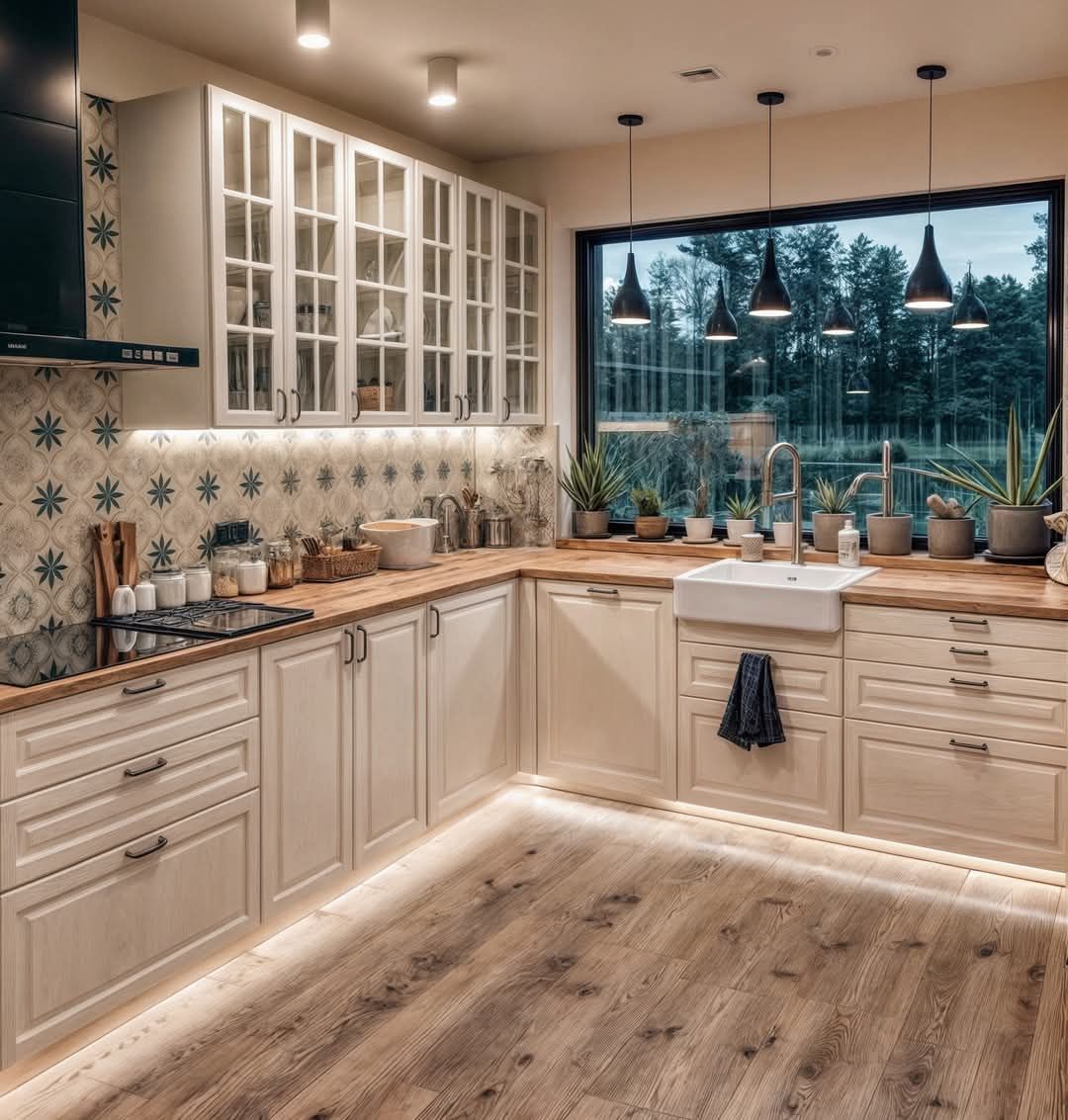 A kitchen with white cabinets , wooden floors , a sink , and a large window.