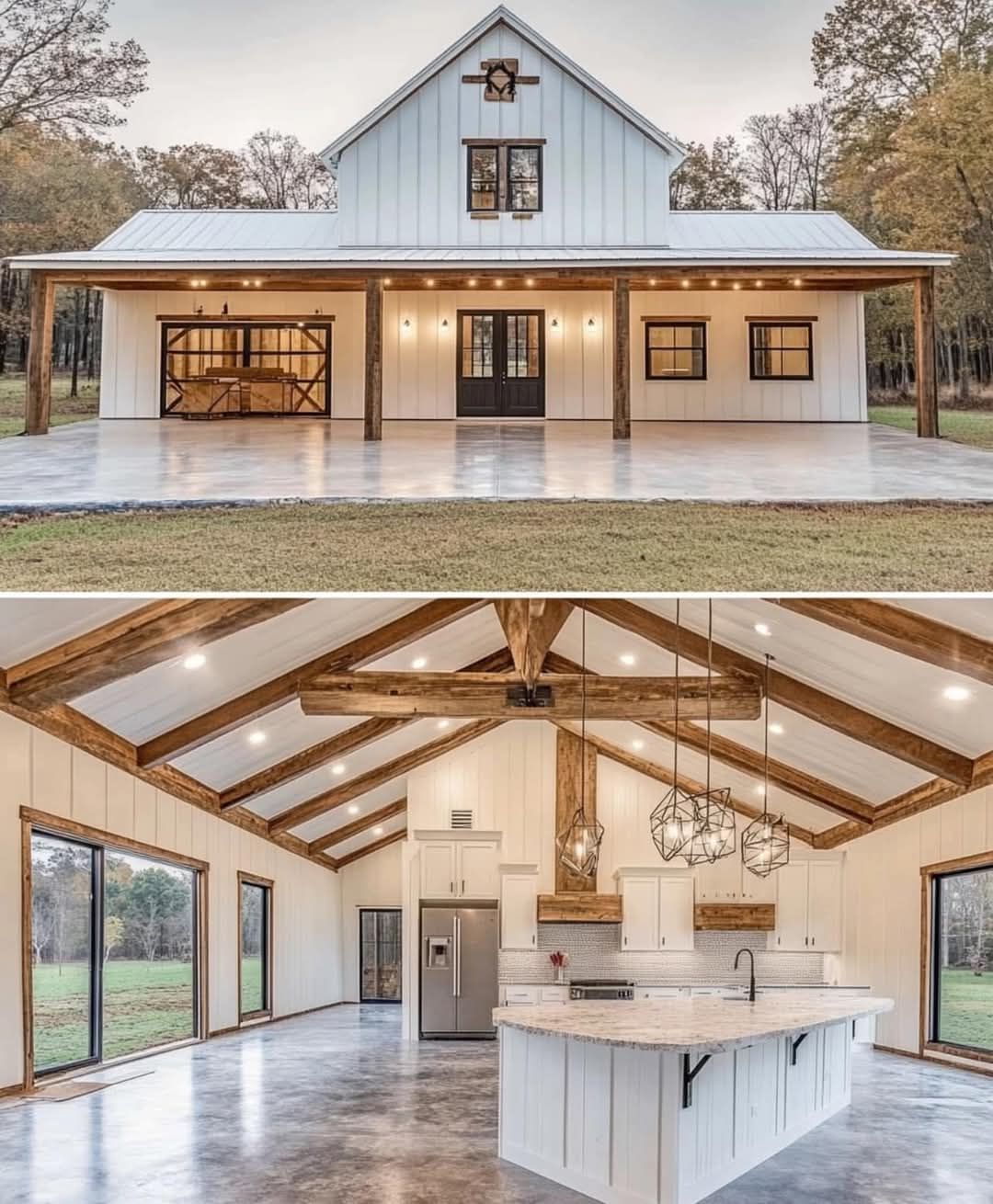 It looks like a barn with a lot of windows and a kitchen.