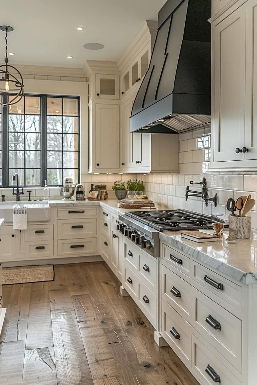 A kitchen with white cabinets , a stove , a sink , and a window.