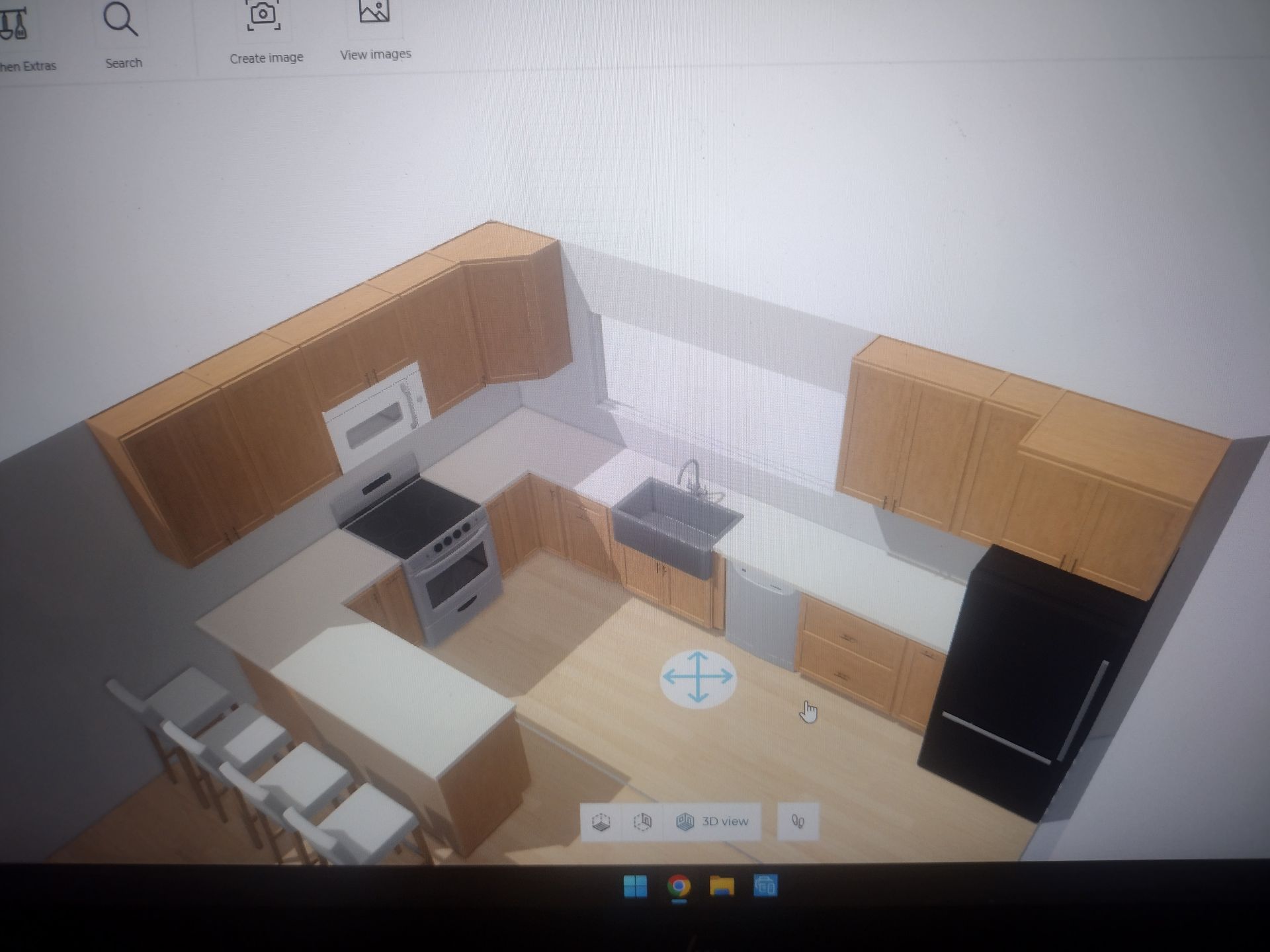 A computer screen shows a kitchen with wooden cabinets and a black refrigerator.