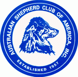 Blue and white logo of the Australian Shepherd Club of America, Inc., featuring a side profile of an Australian Shepherd dog and the text