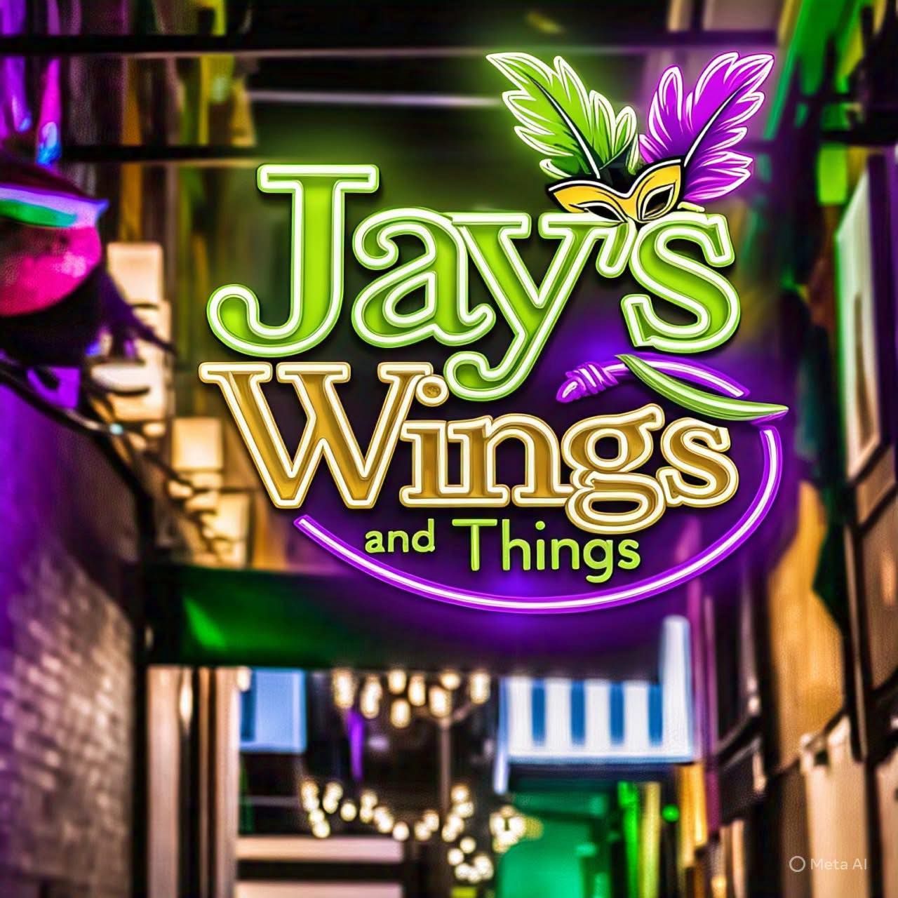 A neon sign for jay 's wings and things