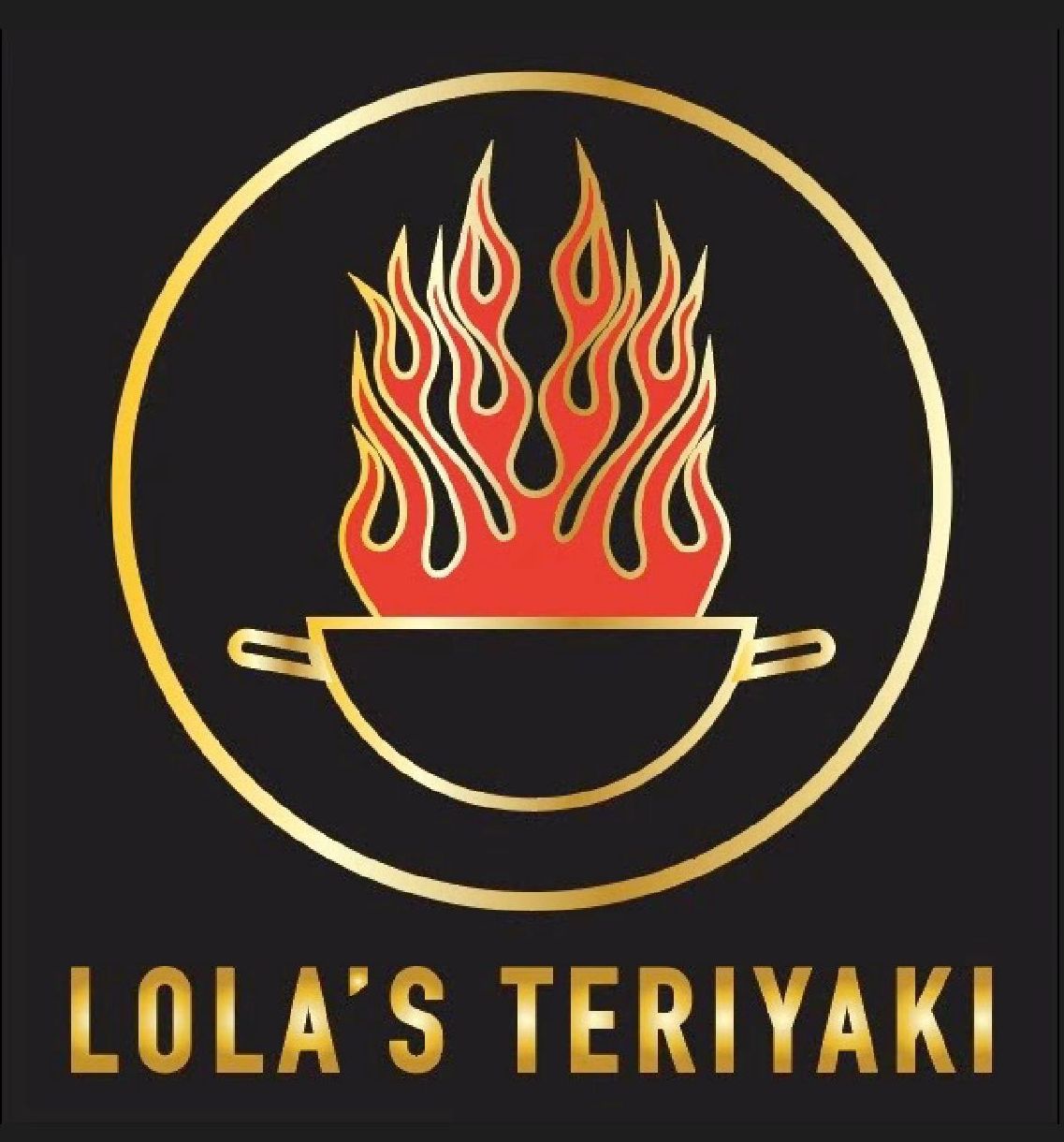 The logo for lola 's teriyaki shows a bowl of food with flames coming out of it