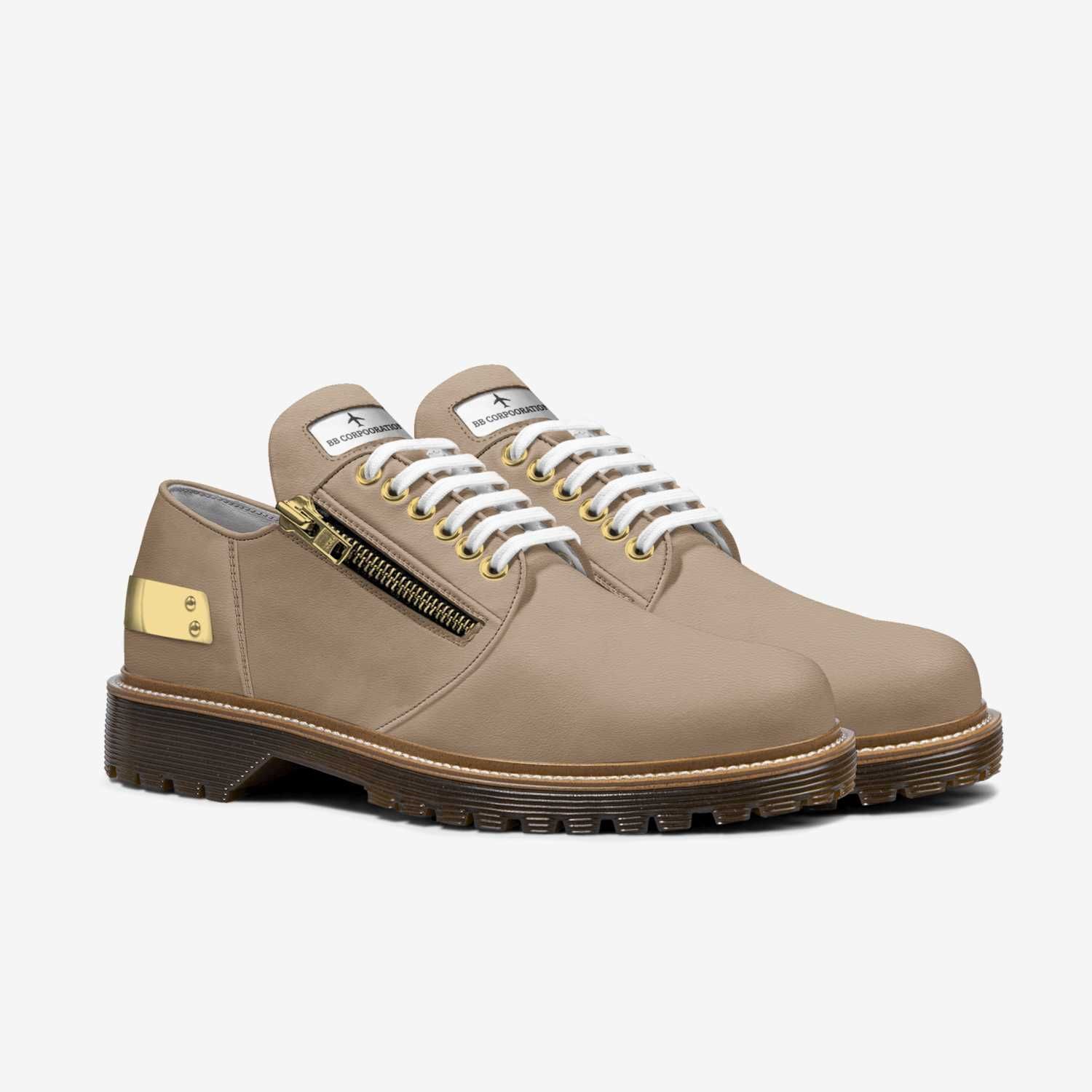 Tan leather shoes with side zipper, white laces, and brown lug sole.