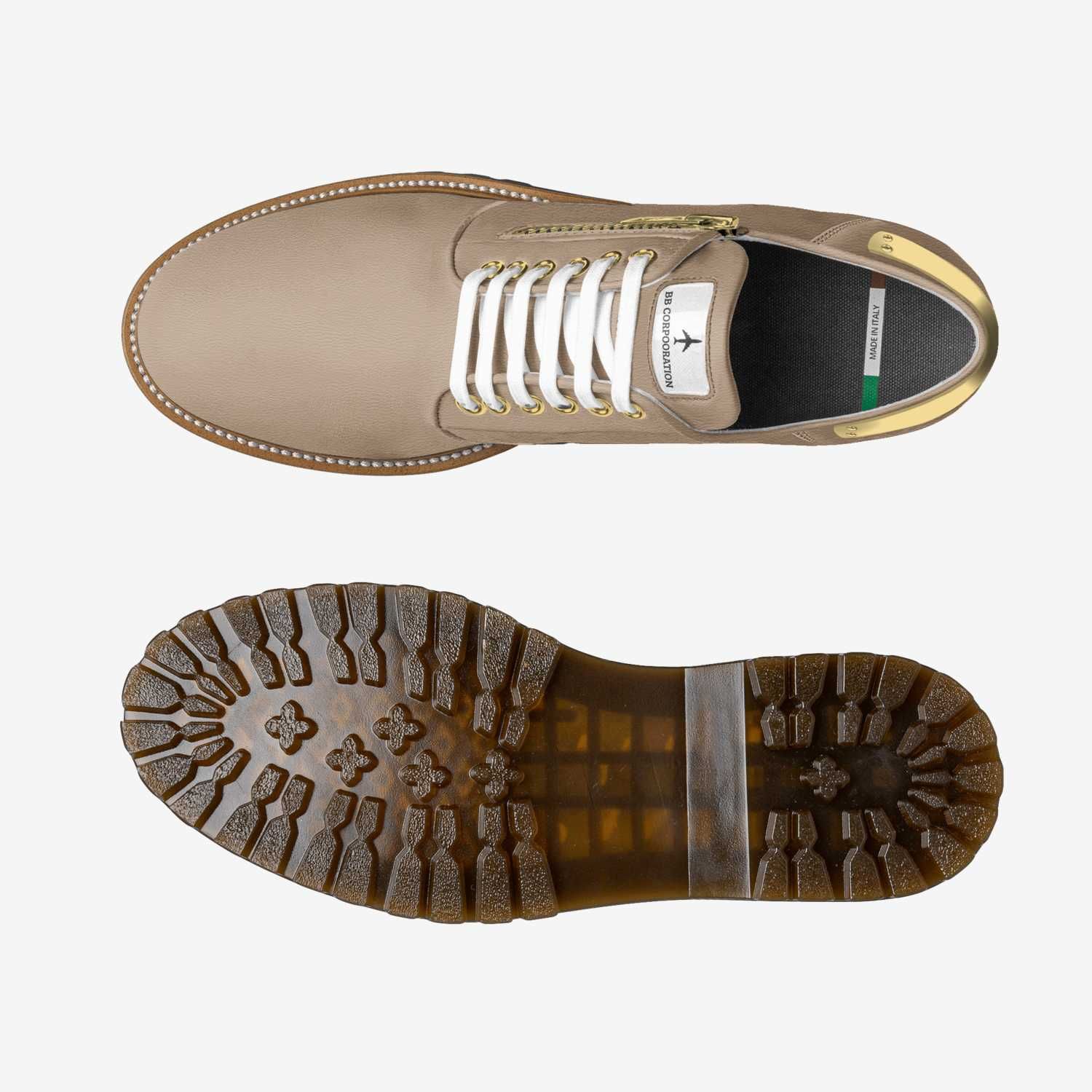 Tan leather shoe, top and bottom view, white laces, brown lug sole.
