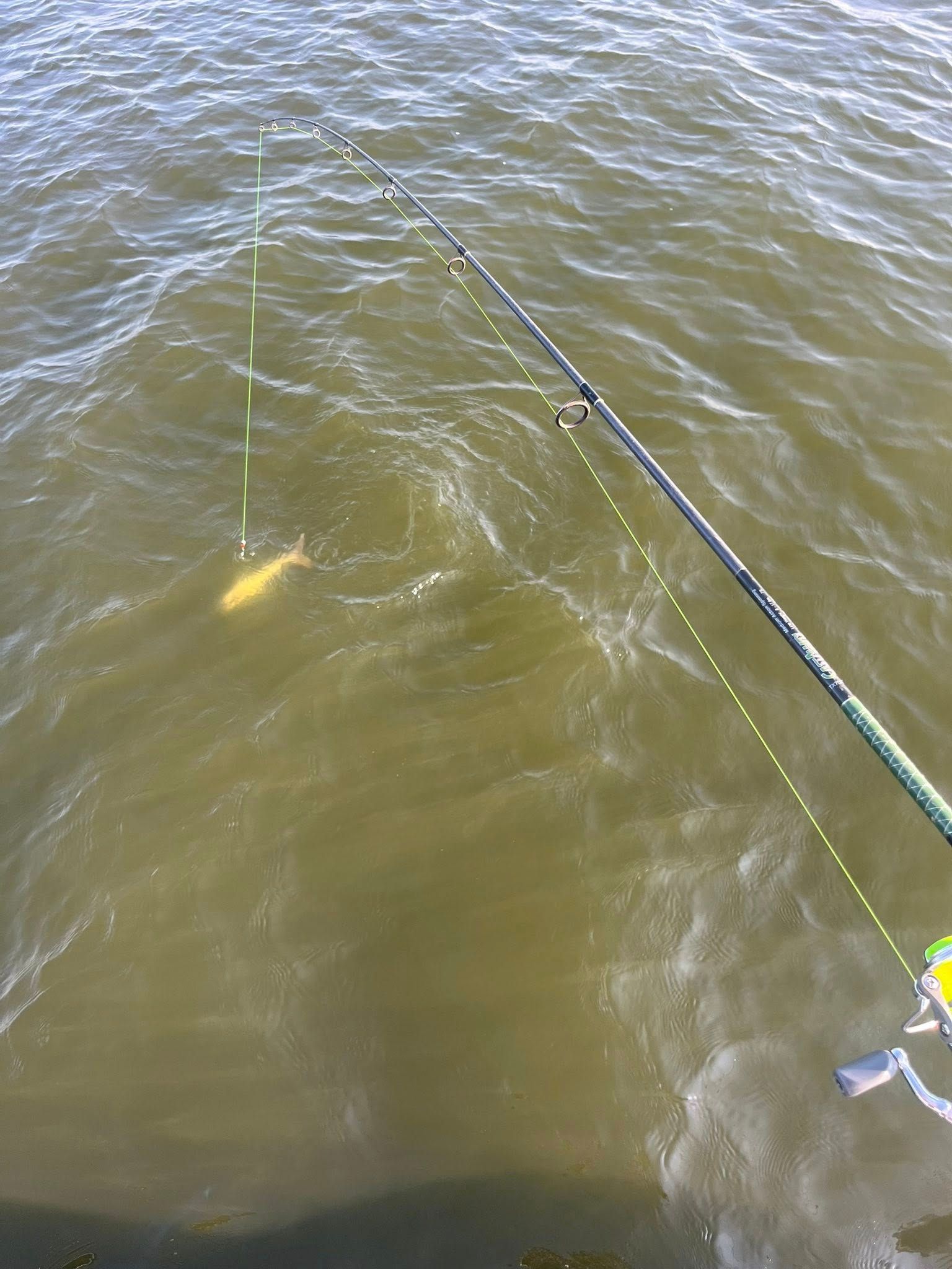 Fishing rod in use; line in water, floats, pier setting, daytime.