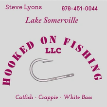 Logo for Hooked on Fishing LLC; includes a fish hook, business name, contact, and the types of fish caught.