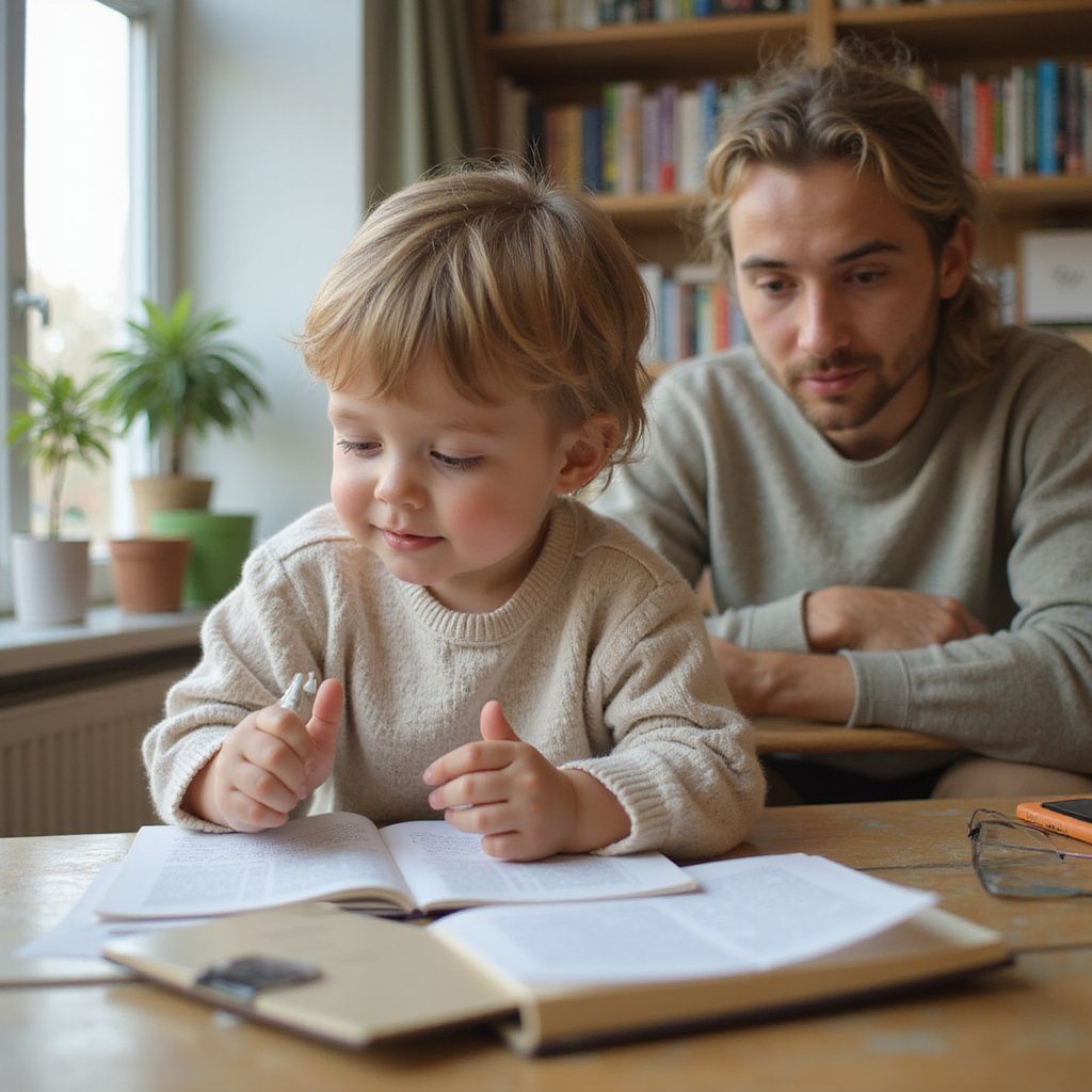 Young child studies book at table with adult, library setting.
