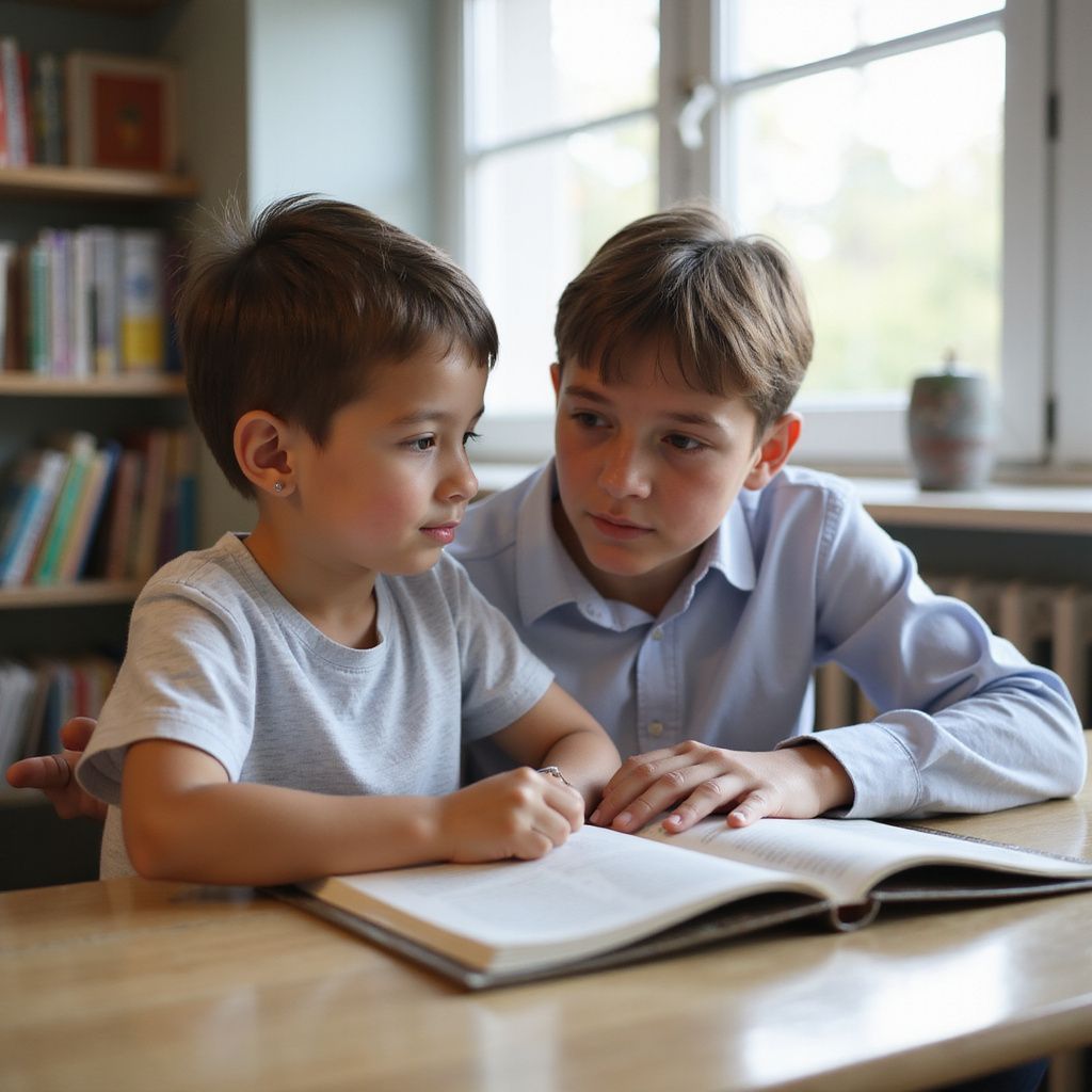 Two boys at a table, looking at a book. One boy gestures, the other writes. Bookshelf in background.