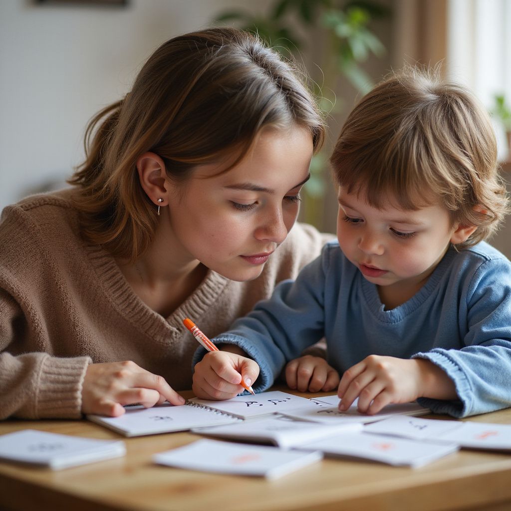 Woman helping a young child write at a table. Both are focused, the woman pointing at the paper with an orange pen.
