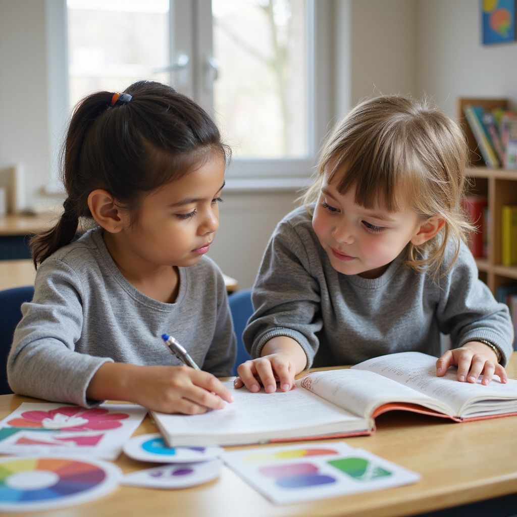 Two young children at a table, one writing with a pen, the other looking at an open book.