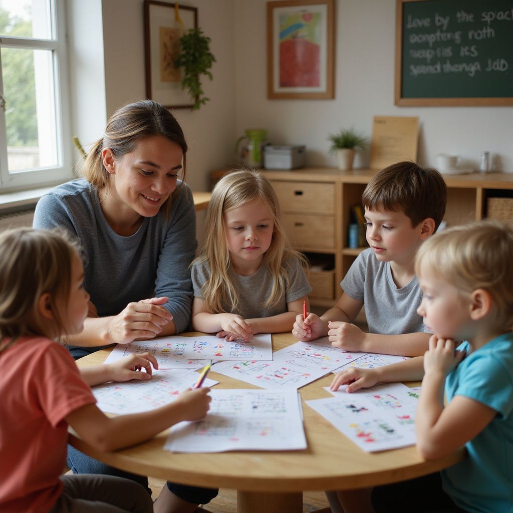 Teacher and children at a table, looking at papers. Smiling, drawing, and writing in a bright room.