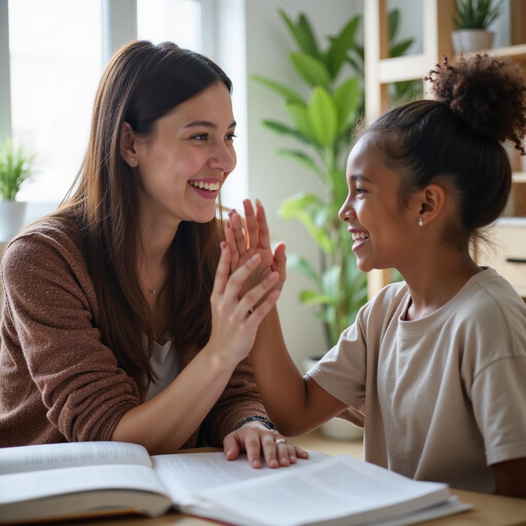 Woman and girl high-fiving over open book, smiling. Indoor setting with plants.