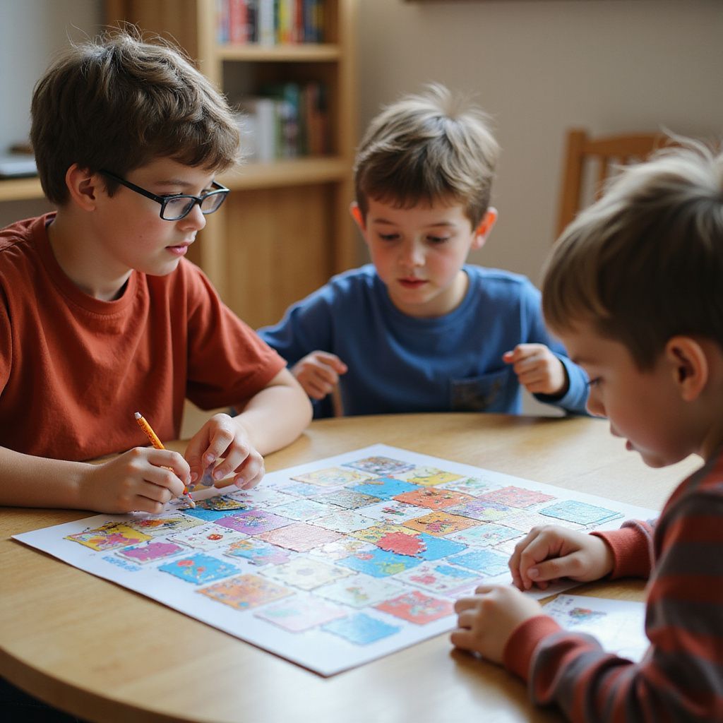 Three children playing a board game at a table. One is writing, two are watching intently.