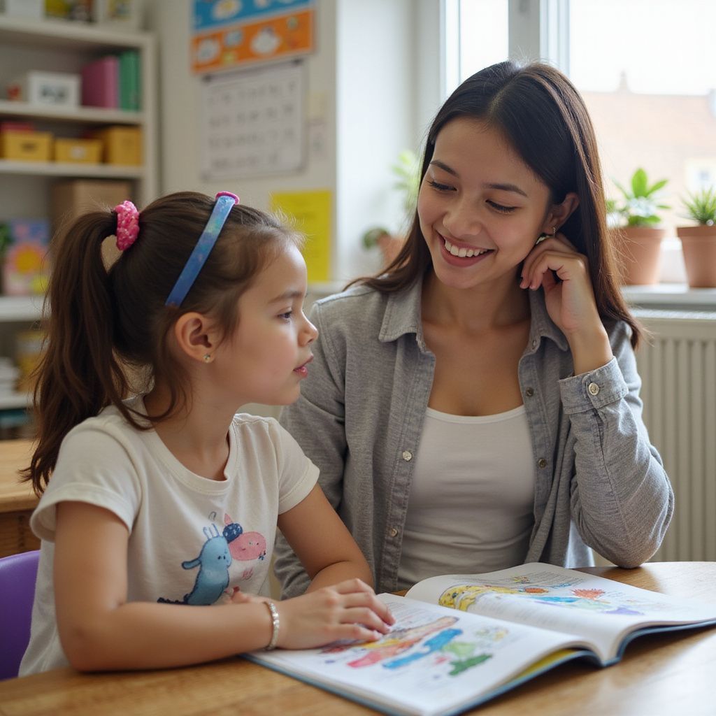 Woman smiles, assisting a child reading a book at a desk in a classroom.