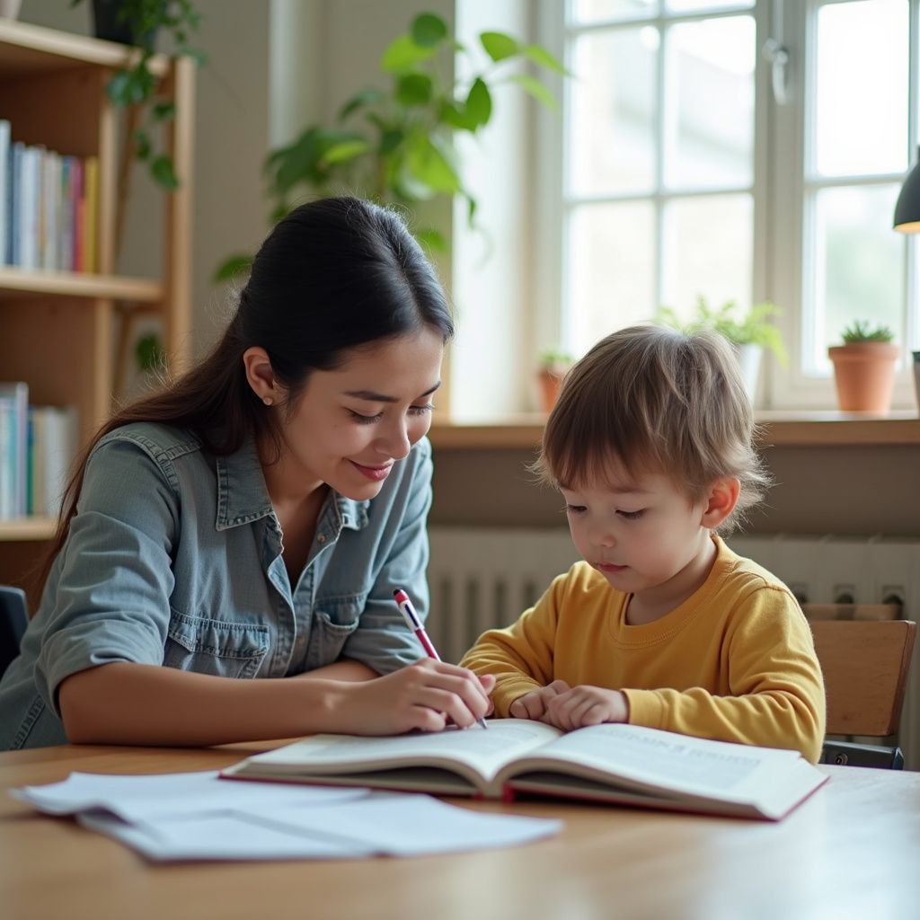 Woman assists child writing at a table in a well-lit room.