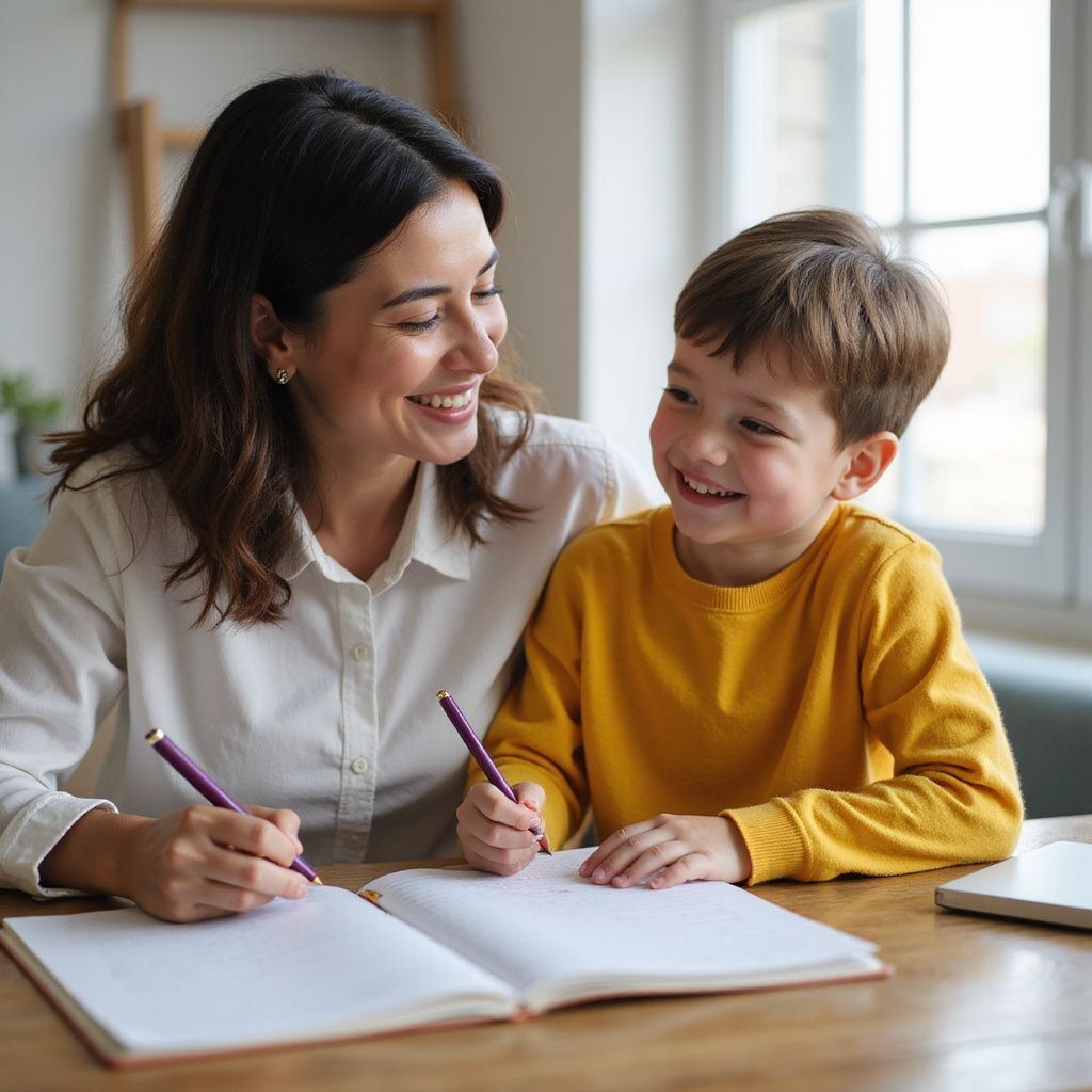 Woman and child smiling, writing in notebooks with pencils at a table.
