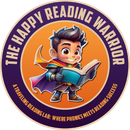 A cartoon hero holding a book. The Happy Reading Warrior logo.