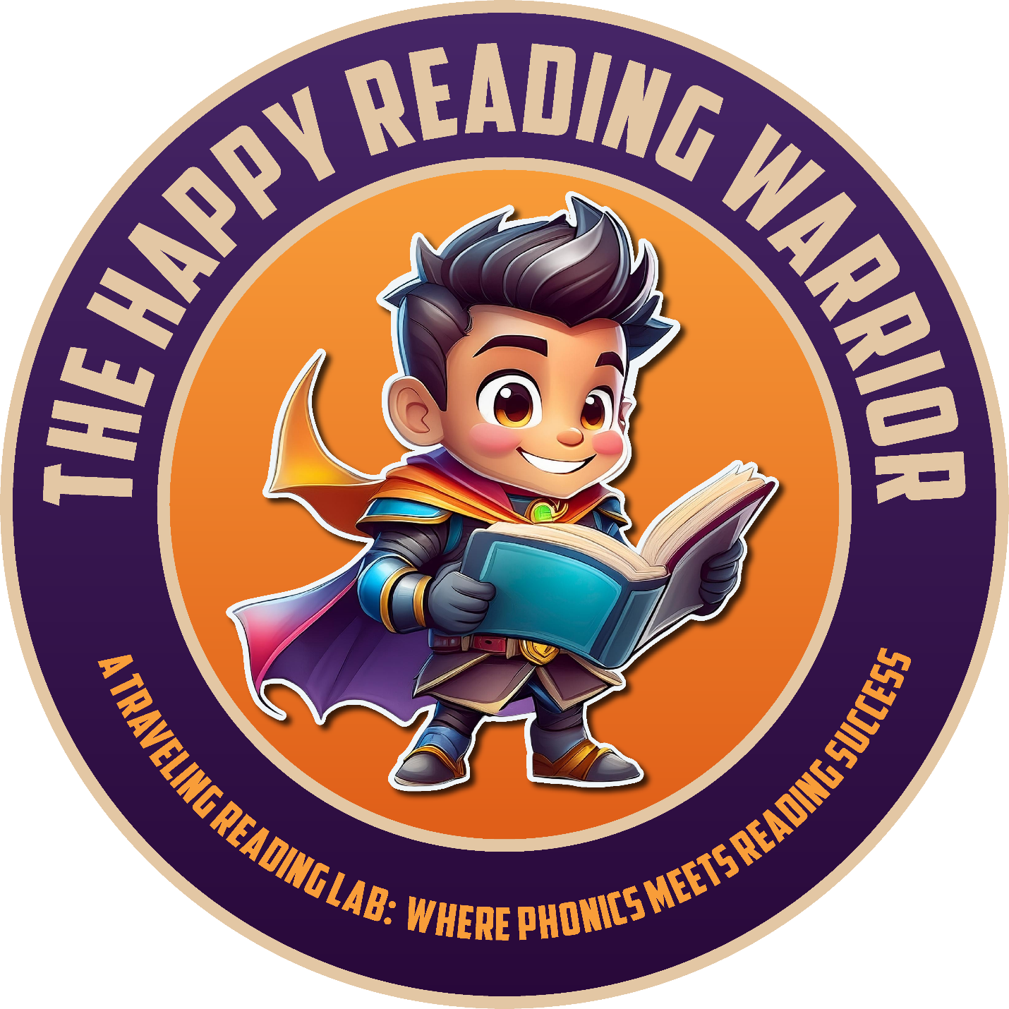 A cartoon hero holding a book. The Happy Reading Warrior logo.