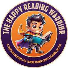 A cartoon hero holding a book. The Happy Reading Warrior logo.