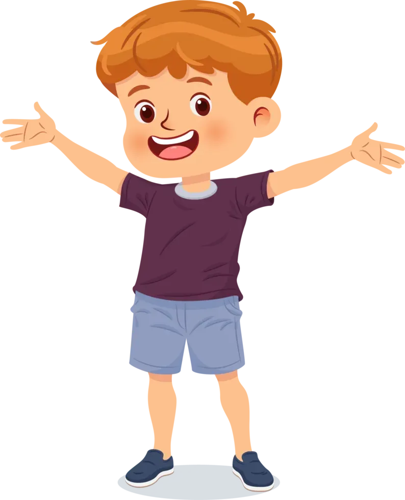 Boy with outstretched arms, smiling. Red hair, purple shirt, blue shorts and shoes.