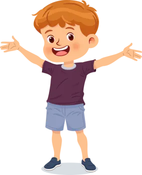 Boy with outstretched arms, smiling. Red hair, purple shirt, blue shorts and shoes.