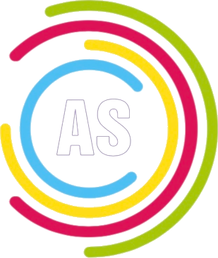 Logo circolare con anelli colorati attorno alle lettere “AS”