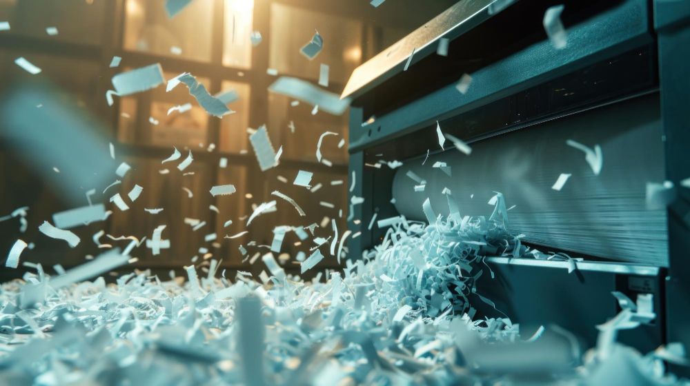 A pile of shredded paper is falling out of a machine.