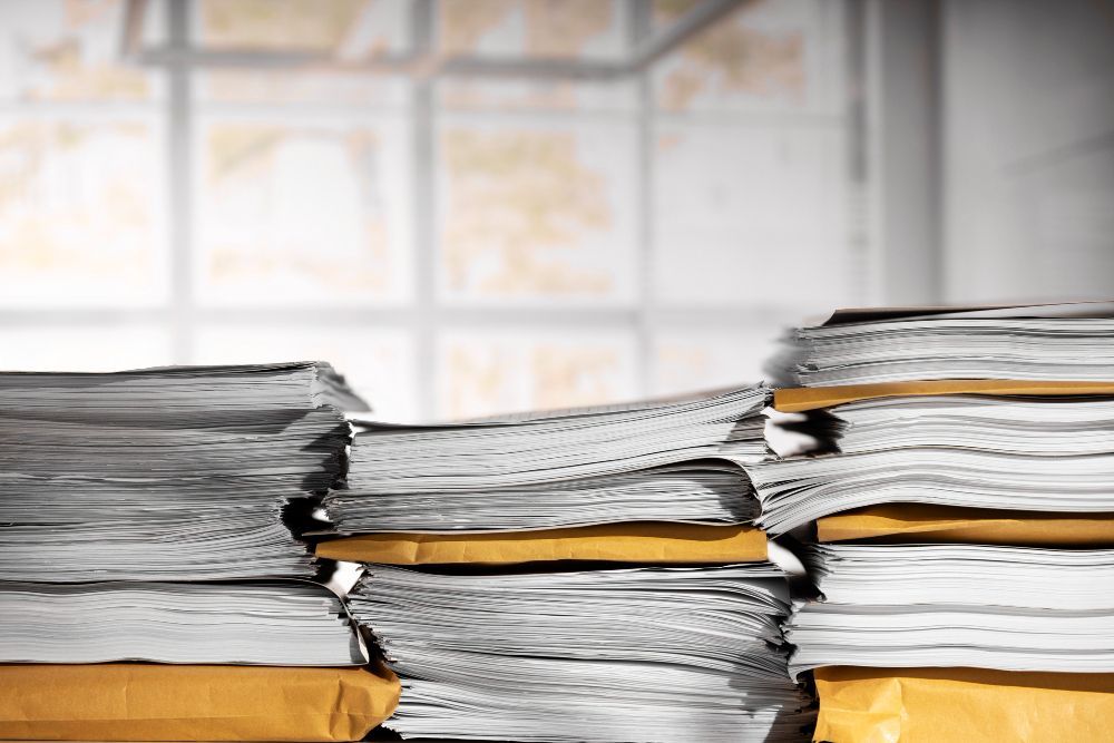 A stack of papers sitting on top of each other on a table.