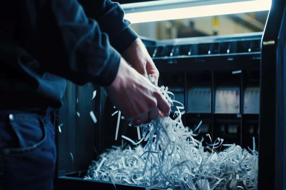 A man is shredding paper in a machine.