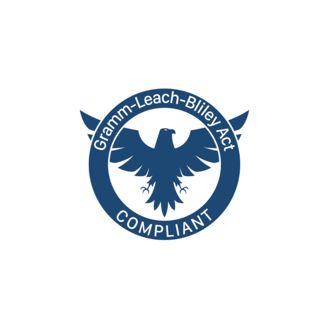 Blue “Gramm-Leach-Bliley Act Compliant” eagle seal on white background
