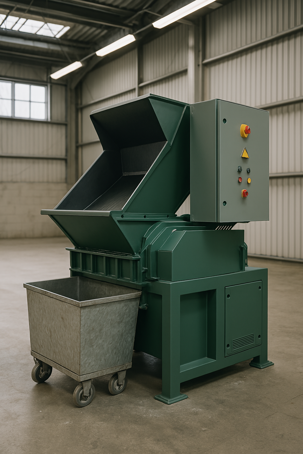 A green machine is sitting in a warehouse next to a cart.