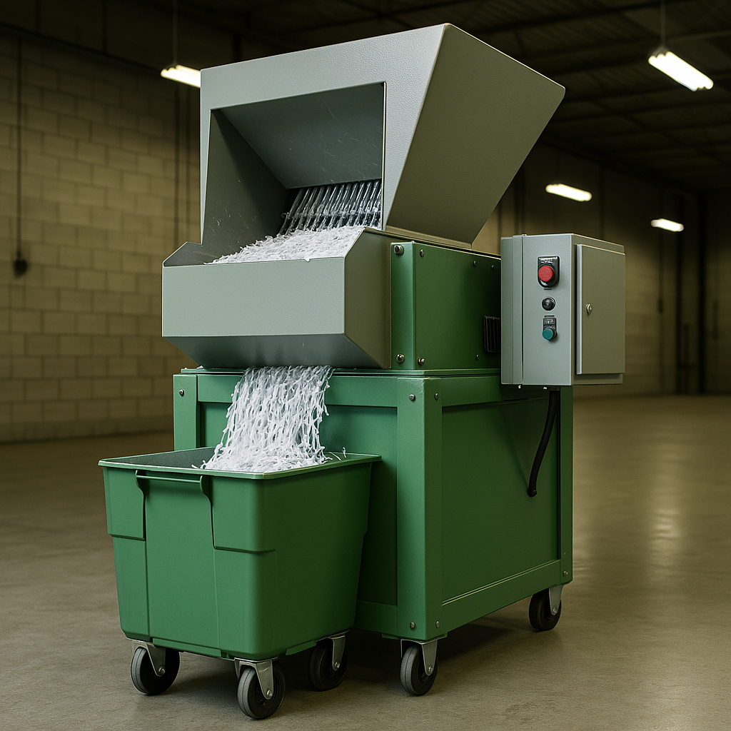 A green machine is shredding paper in a warehouse