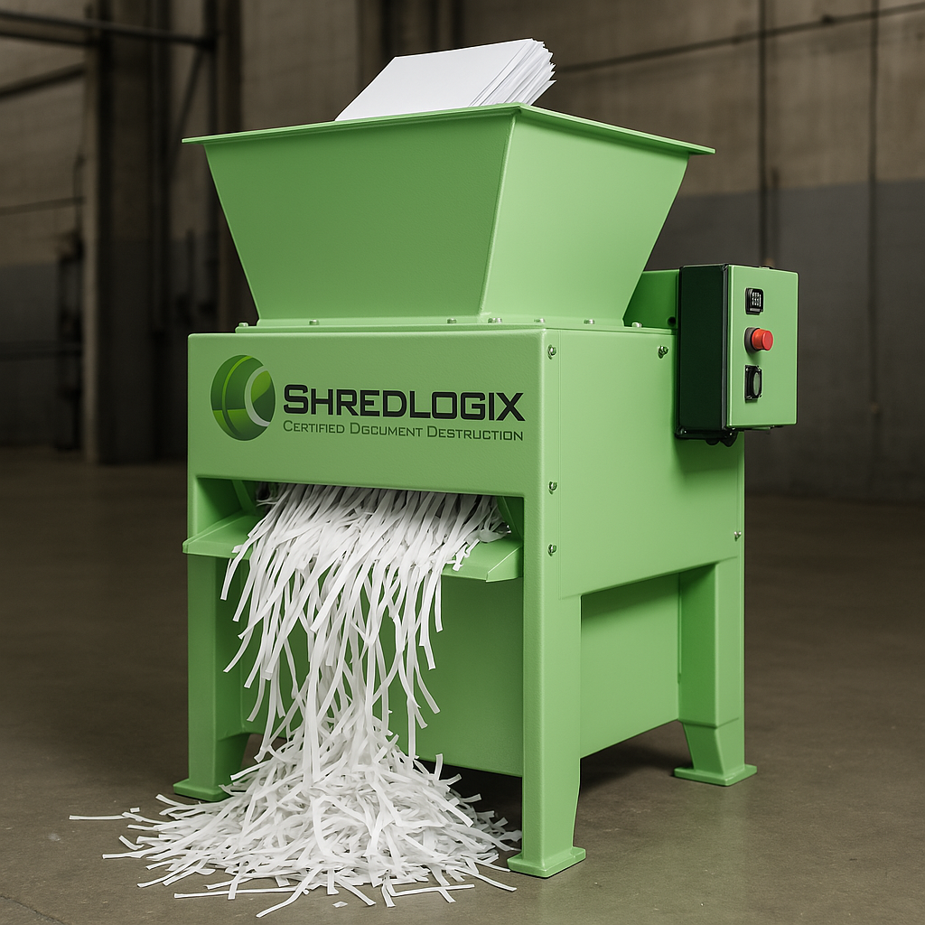 A green shredding machine that says shredlogix on it