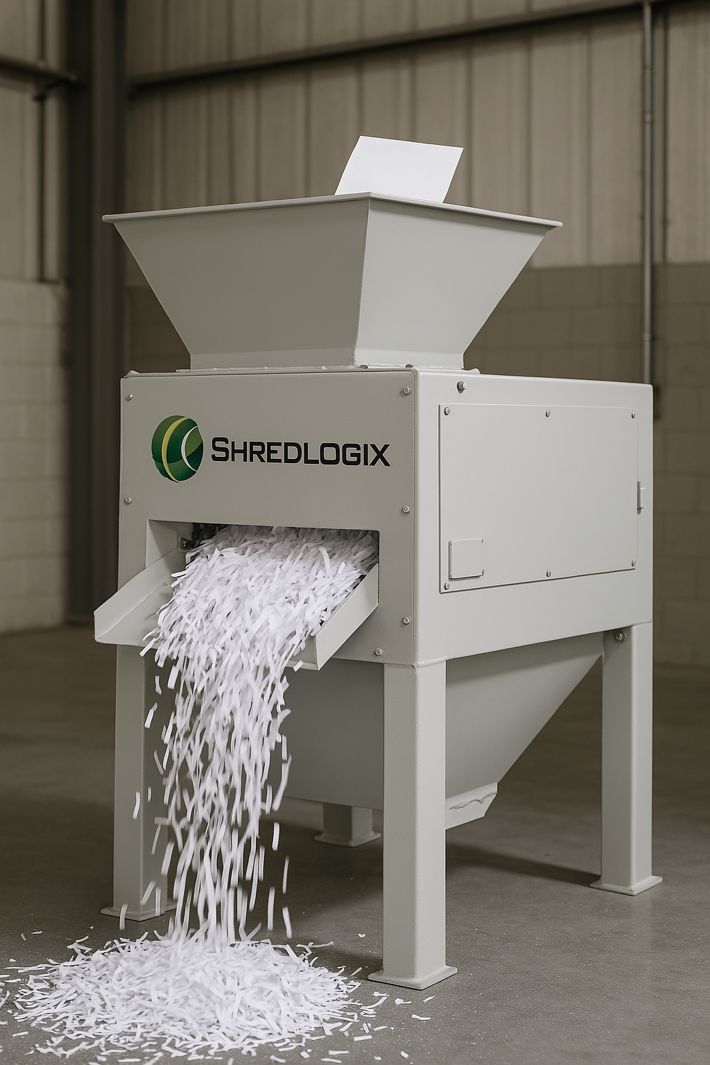 A shredding machine with shredded paper pouring out of it