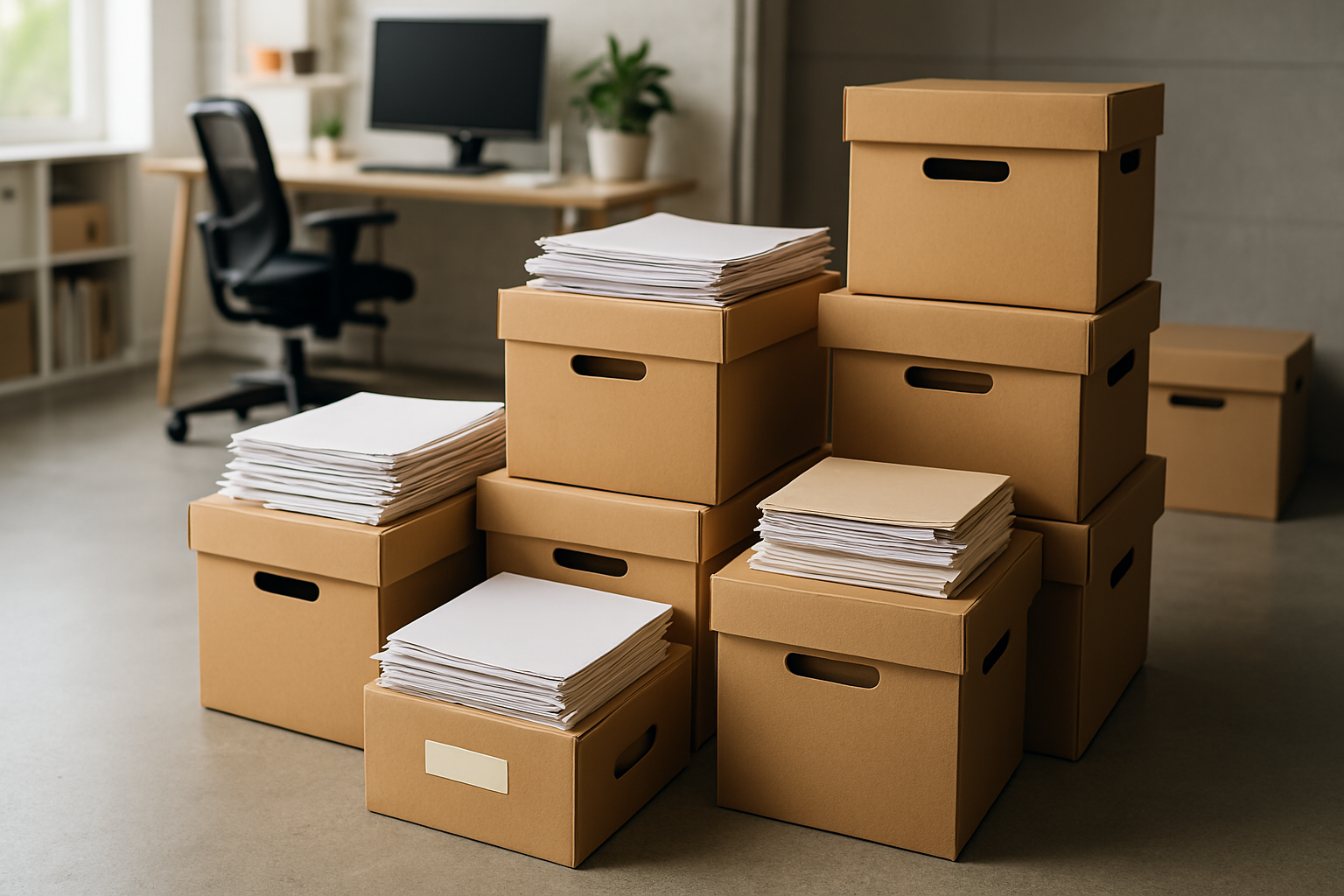 A stack of cardboard boxes filled with papers in an office.