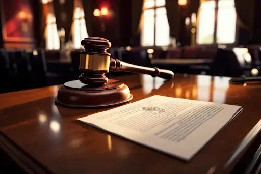 A judge's gavel beside a legal document on a courtroom desk, symbolizing legal proceedings—ideal vis