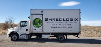 Shredlogix truck displaying NAID certification compliance for shredding.