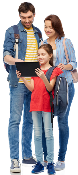 Family looking at tablet, outdoors. The girl is holding the tablet, father and mother are looking at it and smiling.