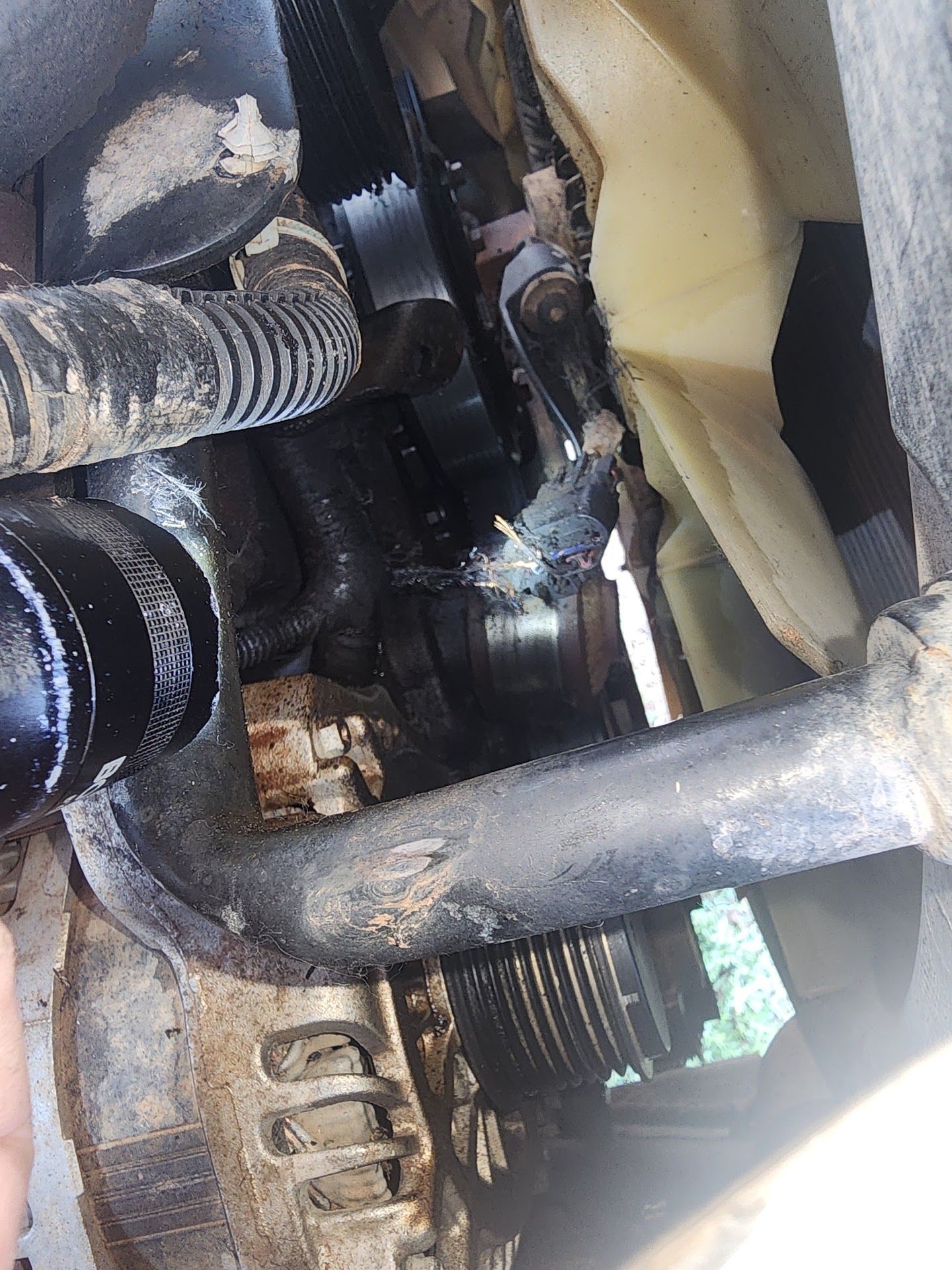 Close-up of a car engine, belts and hoses are visible. A cooling fan is partially visible, with some damage. | TST Mechanic Services