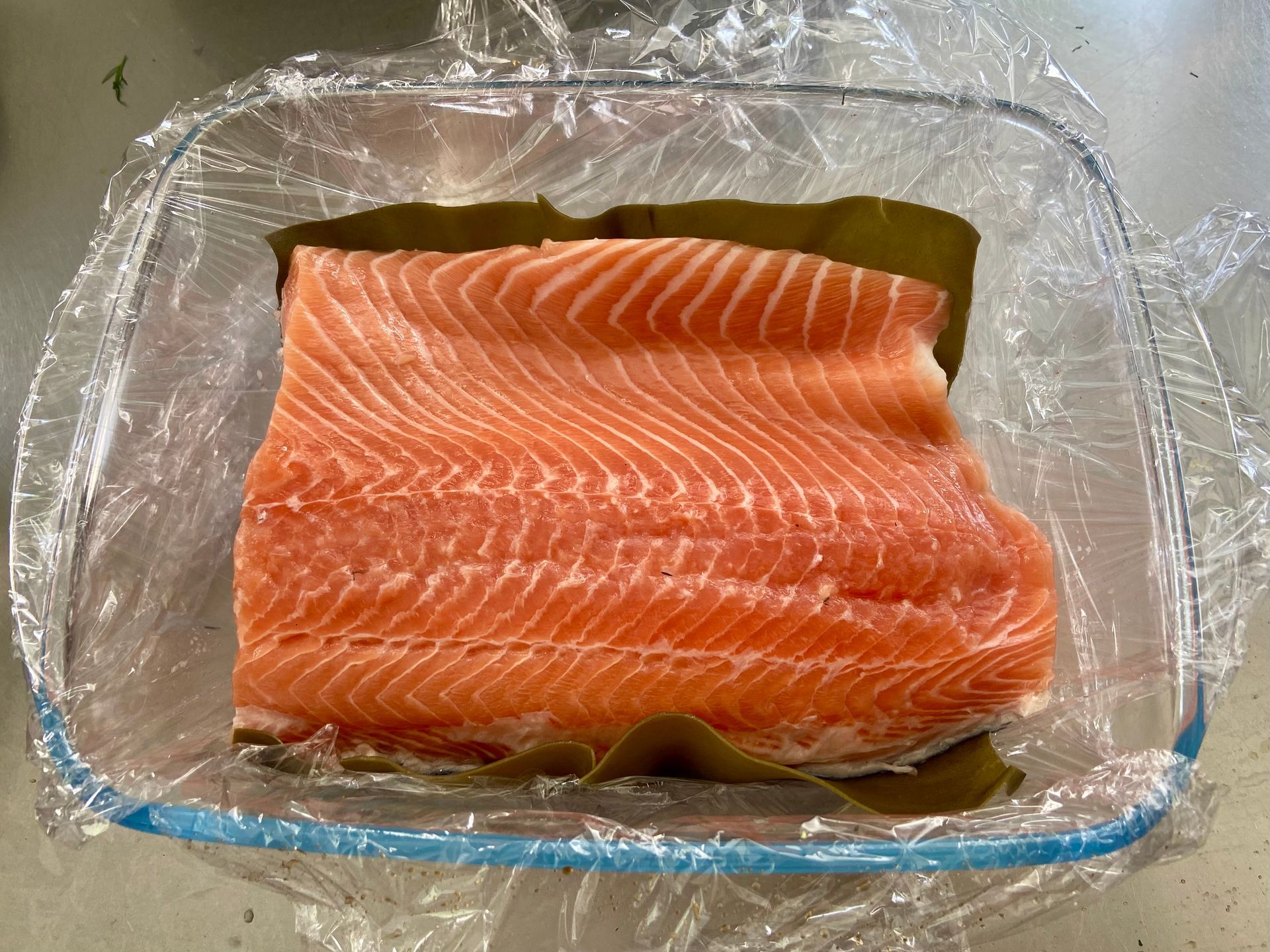zalm in schaal op vel konbu