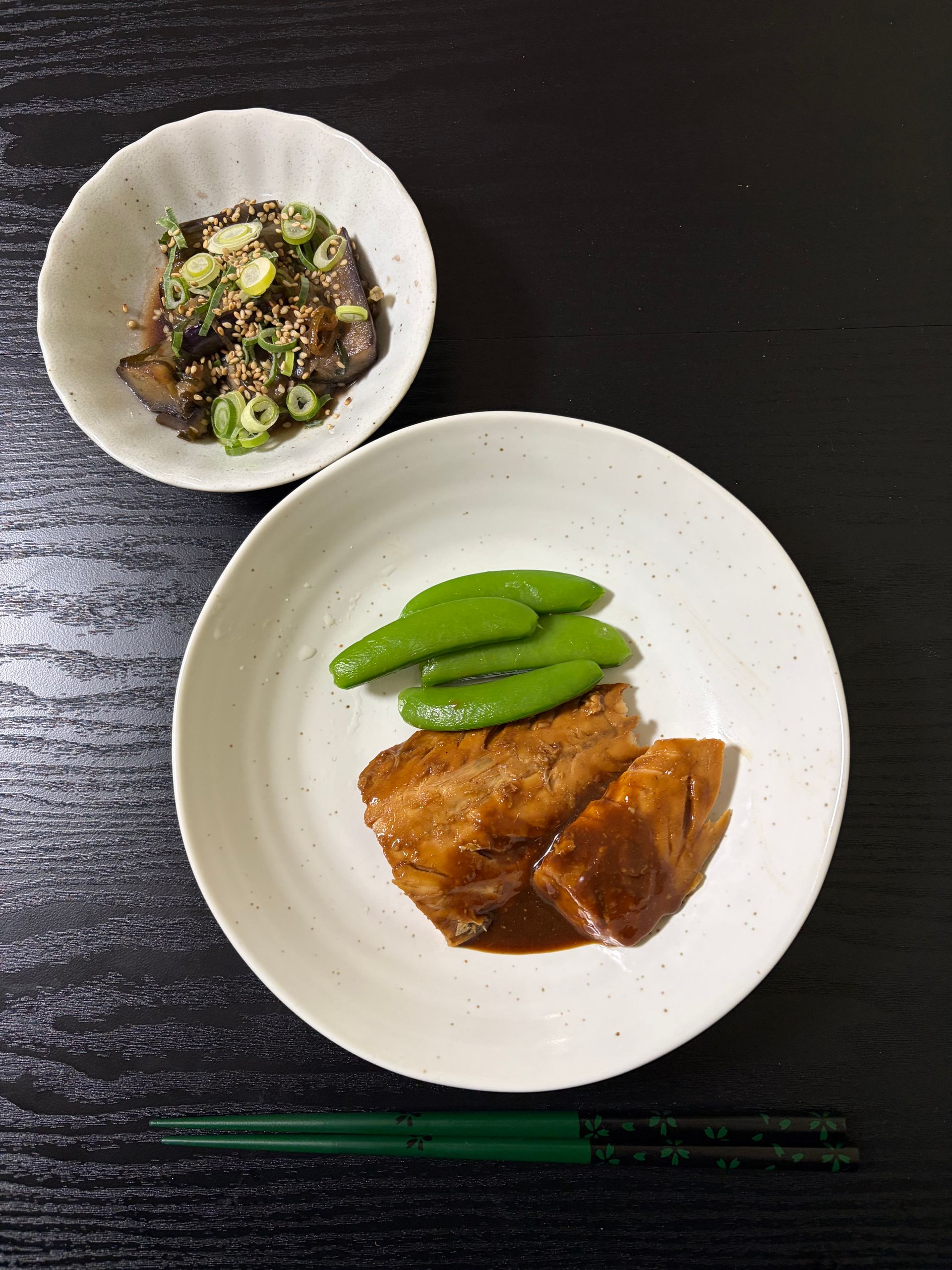 Mackerel (saba) in sweet soy sauce with spicy eggplant (nasu)