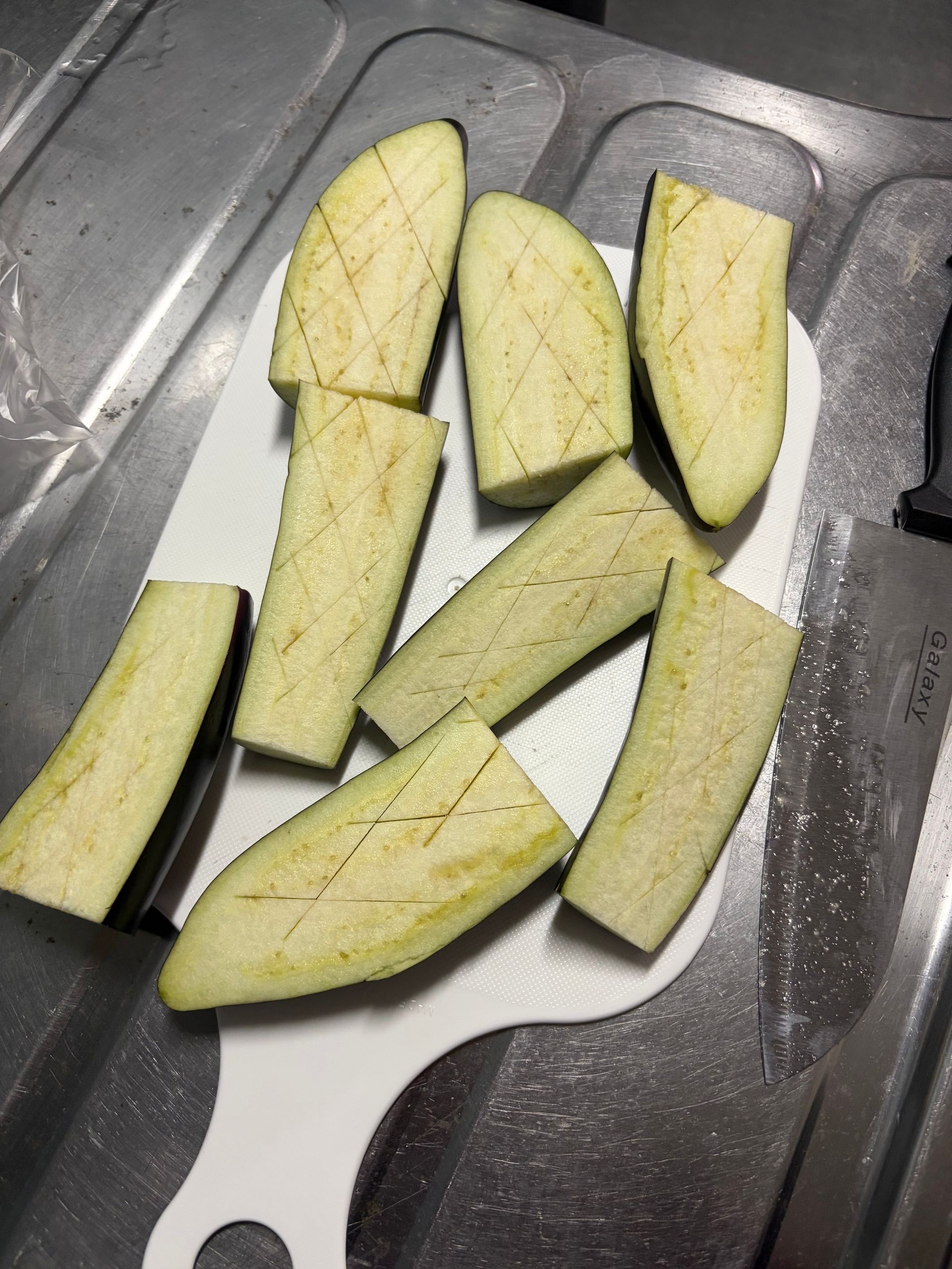 eggplant preparation on cutting board
