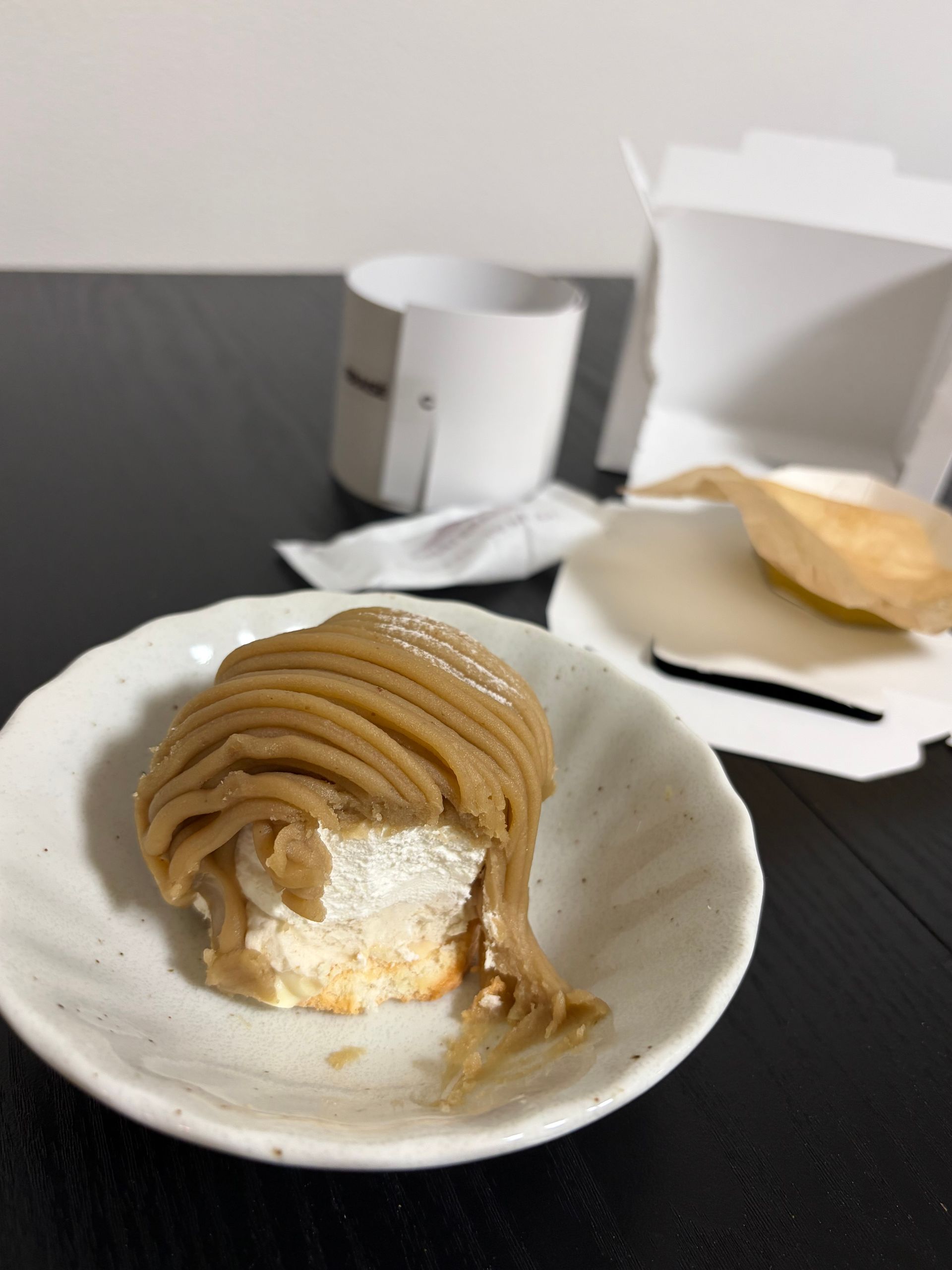 Mont Blanc cake cut open to show the creamy filling