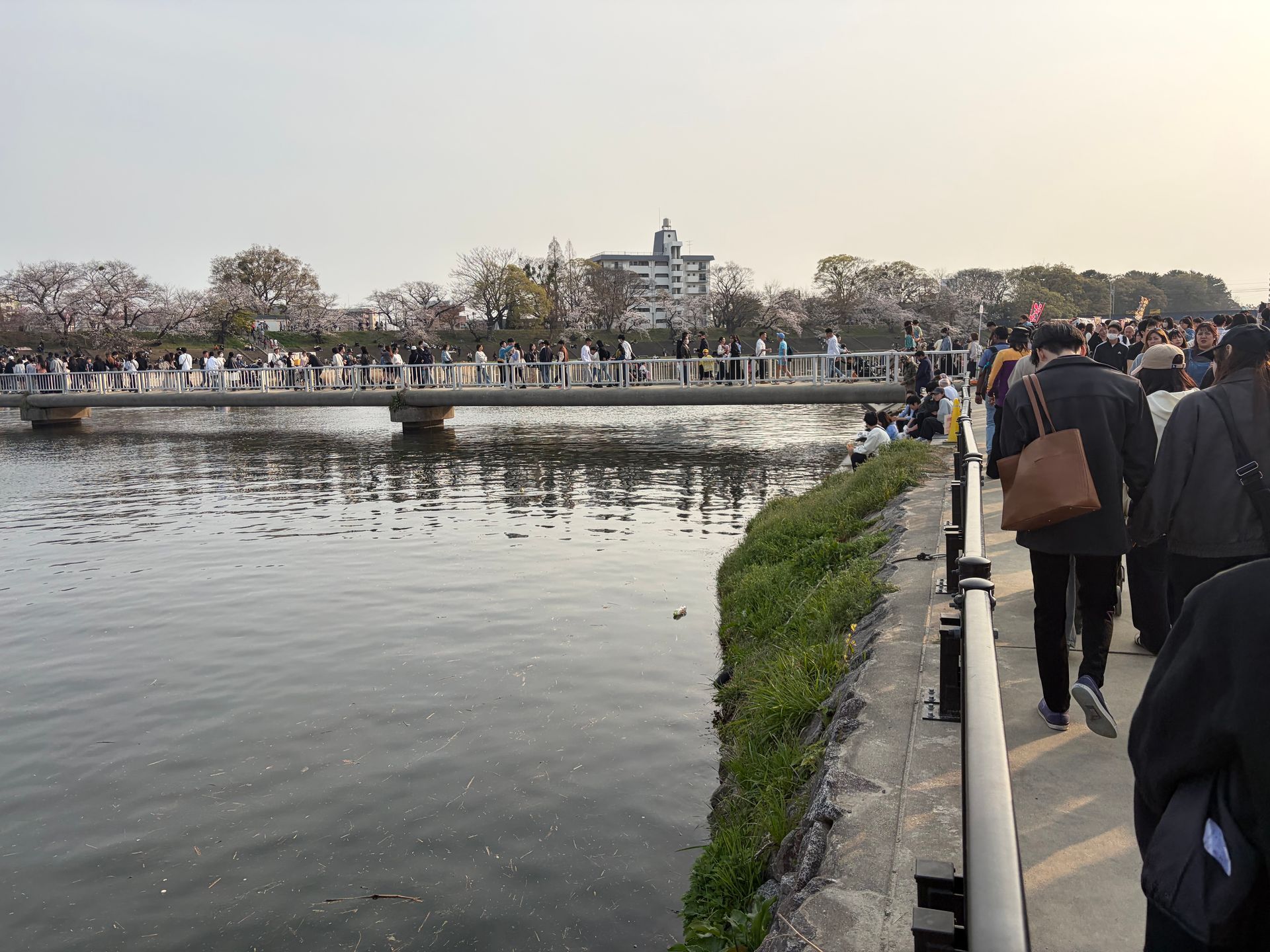 queing up to pass over the bridge to the other side of the river