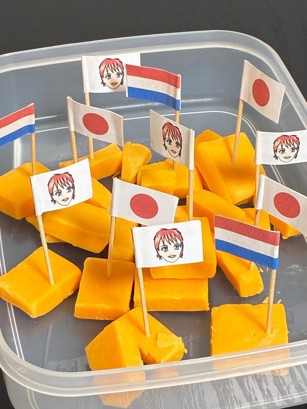cheese with japanese and dutch flags with my face on it in manga