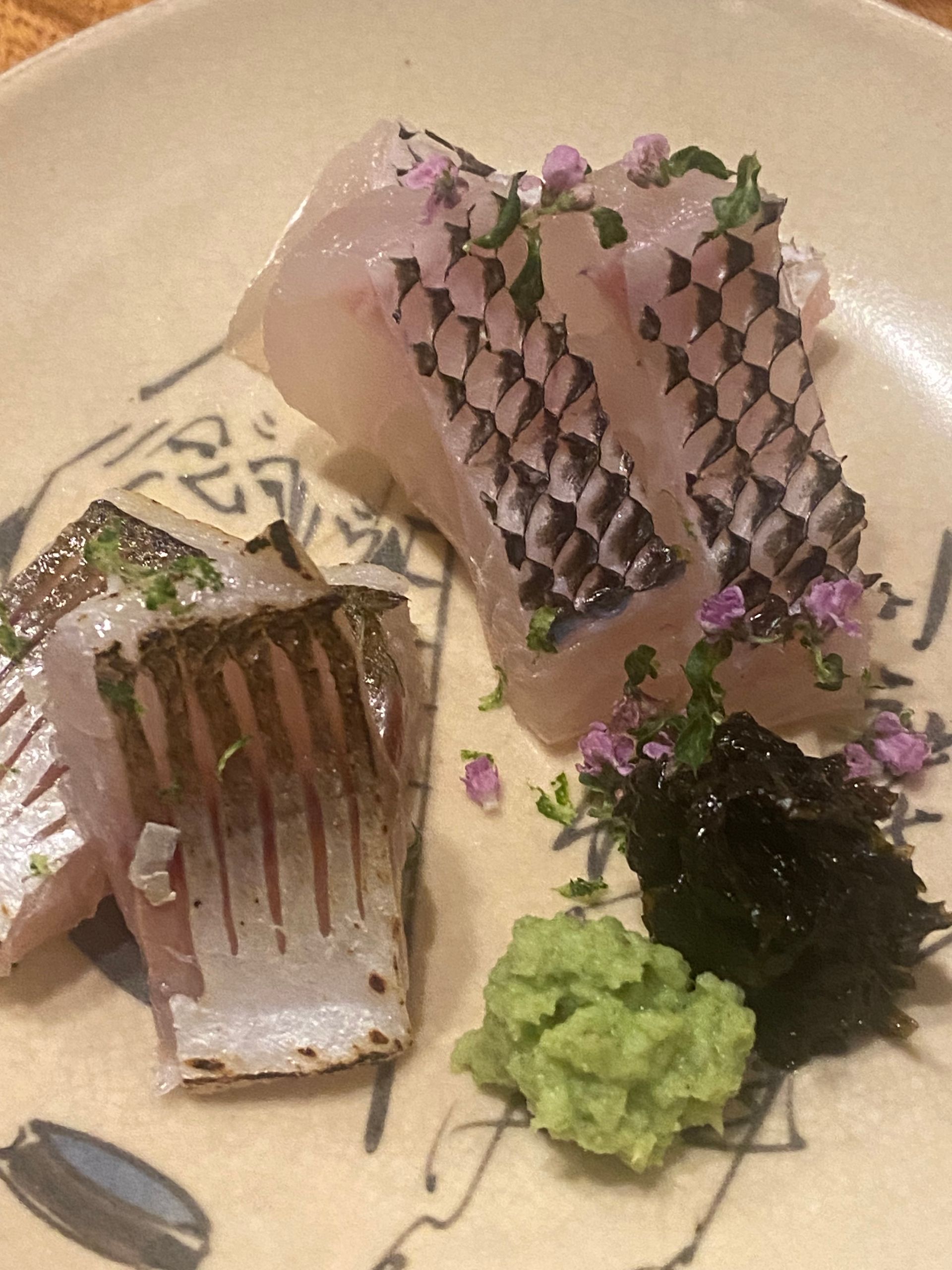 torched konbu cured fish, tsukudani, wasabi