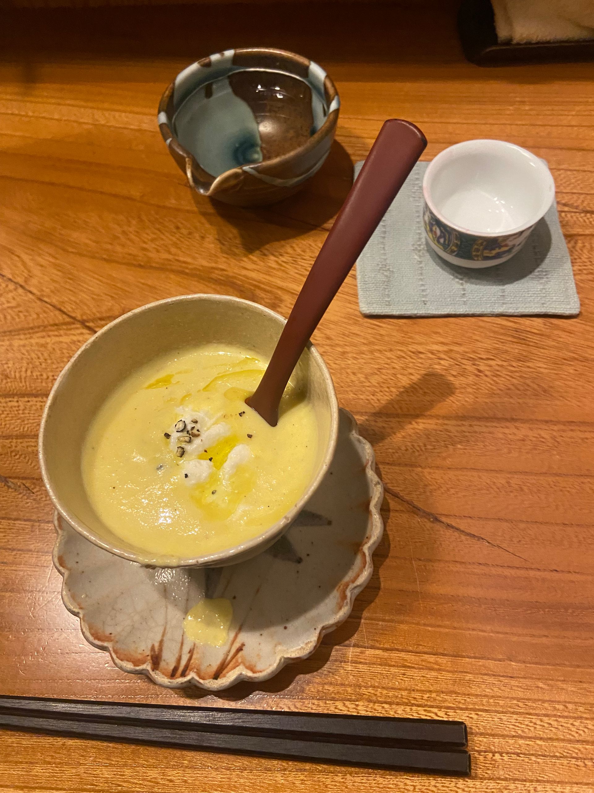 chilled corn soup and burrata