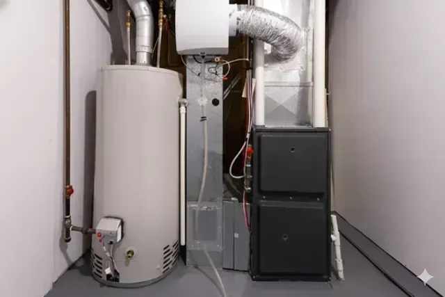 Water heater, furnace, and vent pipes in a utility room with gray and white walls and flooring.